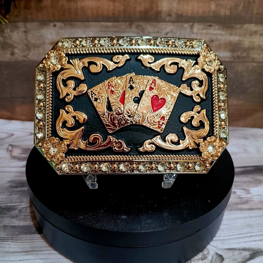 Four Aces Western Belt Buckle Rosetone Silver Poker Cards Buckle 4x 3.5 "